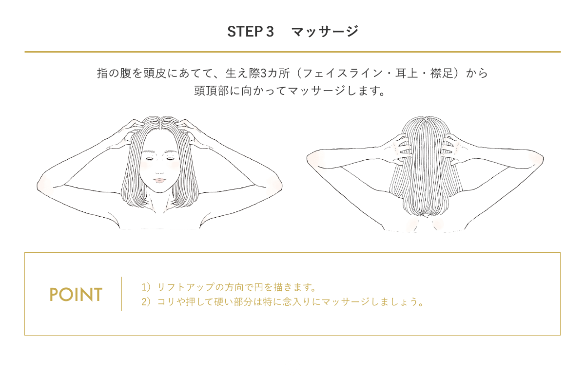 STEP３ マッサージ 指の腹を頭皮にあてて、生え際3カ所（フェイスライン・耳上・襟足）から頭頂部に向かってマッサージします。